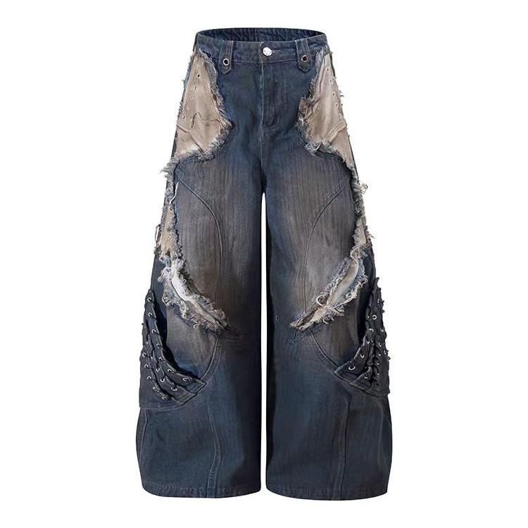 New Heavy Duty Men's Workwear Jeans Deconstructed Frayed Edge Patchwork Distressed High Street Wasteland Style For Men And Women_mkmklike.com