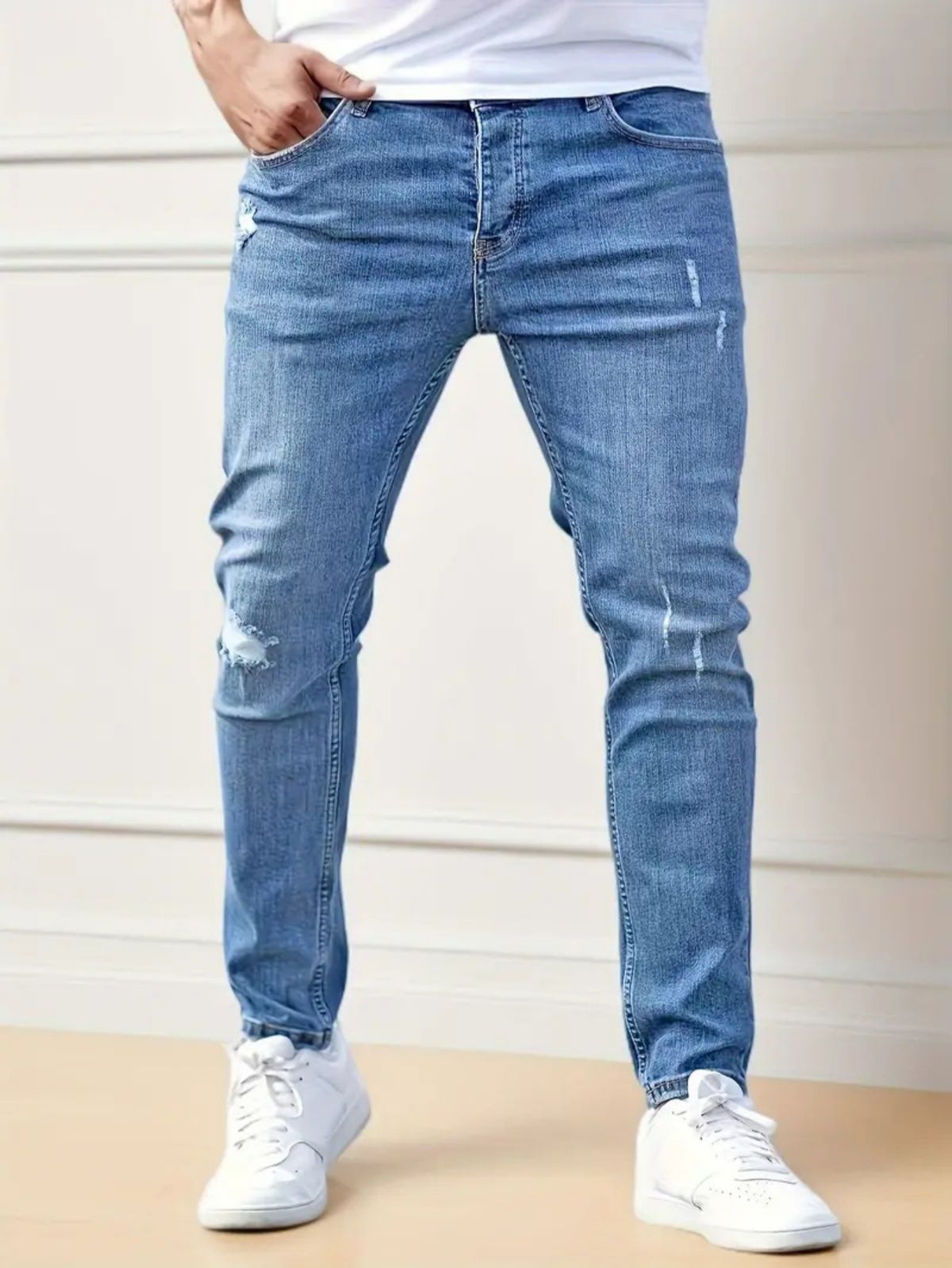 Women's Clothing Men's New Simple Hole Commuter Denim Trousers Slim Fit Slim Feet Trendy Handsome Jeans_mkmklike.com