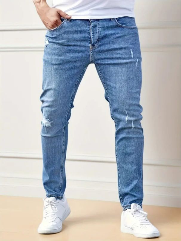 Women's Clothing Men's New Simple Hole Commuter Denim Trousers Slim Fit Slim Feet Trendy Handsome Jeans_mkmklike.com