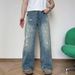 Men's Clothing Unisex Trendy Casual Straight Leg Denim Trousers Retro Graffiti Inkjet Versatile Simple Design_mkmklike.com