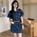 ELLE Vintage Hong Kong Style Denim Summer New Waist Slimming Sleeve Short Dress Trendy_mkmklike.com