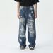Men's Clothing Hip-Hop Style Heavyweight Distressed Straight Jeans For Men - Trendy Streetwear Denim Pants (Blue, S/M/L/XL)_mkmklike.com
