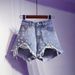 Embellished Denim Shorts Stylish Beaded High-Waisted Casual Shorts ( Cotton-Poly Blend, Distressed Hem & Rhinestone Accents, Comfortable Loose Fit)_mkmklike.com
