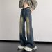 Suitable For All Seasons Vibe Style Men Dark Blue Washed Gradient Jeans High Street Straight Slim Fit Flared Pants_mkmklike.com