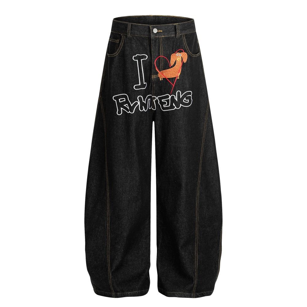 Trendy Personality Cartoon Embroidery Wide-Leg Scimitar Jeans For Men Vintage Washed Niche Design Silhouette Long Pants_mkmklike.com