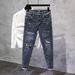 Thin Light Blue Washed Stretch Slim Fit Cropped Jeans For Summer Ripped Hem Trendy Casual Jeans_mkmklike.com