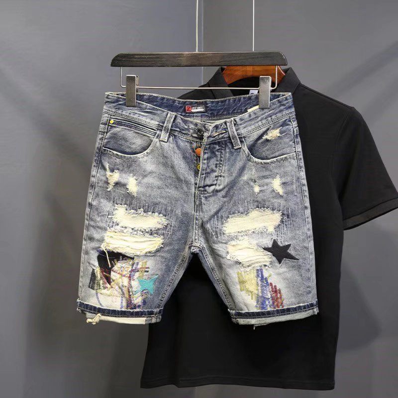Men's Clothing Denim Shorts Men's Trendy Scratched Patch Beggar 5 Point Pants Internet Celebrity Douyin Light Colored Trendy Brand Summer_mkmklike.com