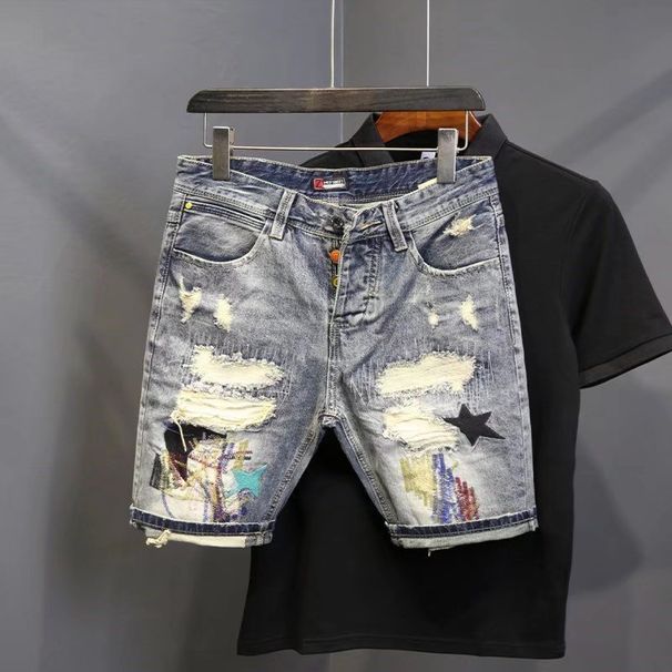 Men's Clothing Denim Shorts Men's Trendy Scratched Patch Beggar 5 Point Pants Internet Celebrity Douyin Light Colored Trendy Brand Summer_mkmklike.com
