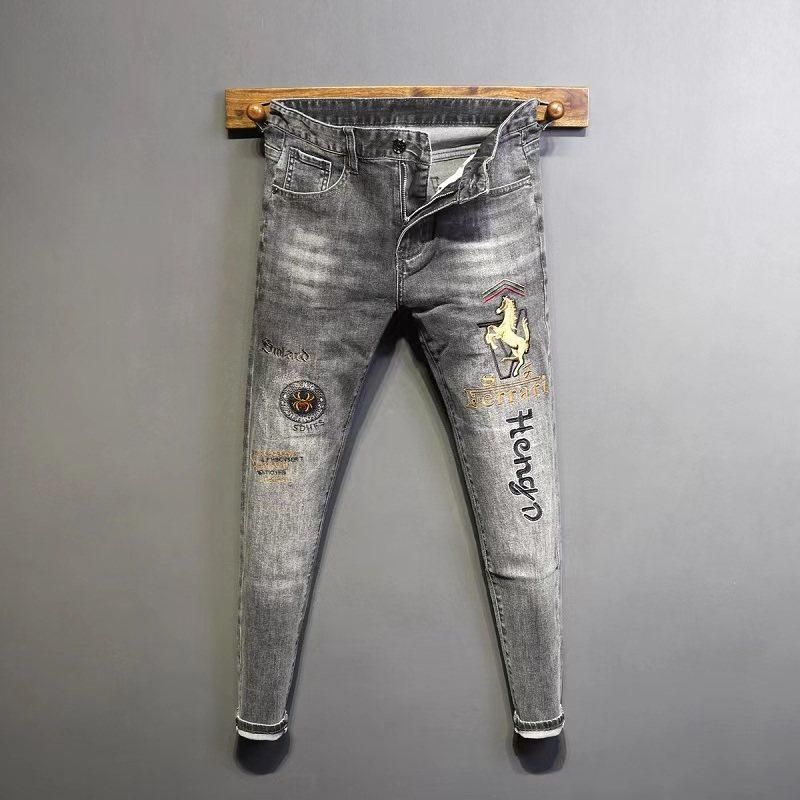 Men's Clothing Men's Slim Fit Skinny Stretch Pants Trendy Smoky Gray Embroidered Jeans For Spring Autumn New Style Casual Fashion_mkmklike.com