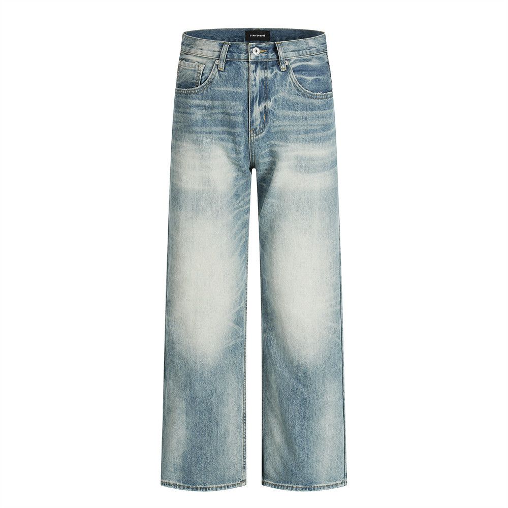 Punk Washed Vintage Denim Straight-Leg For Men Cleanfit Frayed Hem Loose Wide-Leg Pants_mkmklike.com
