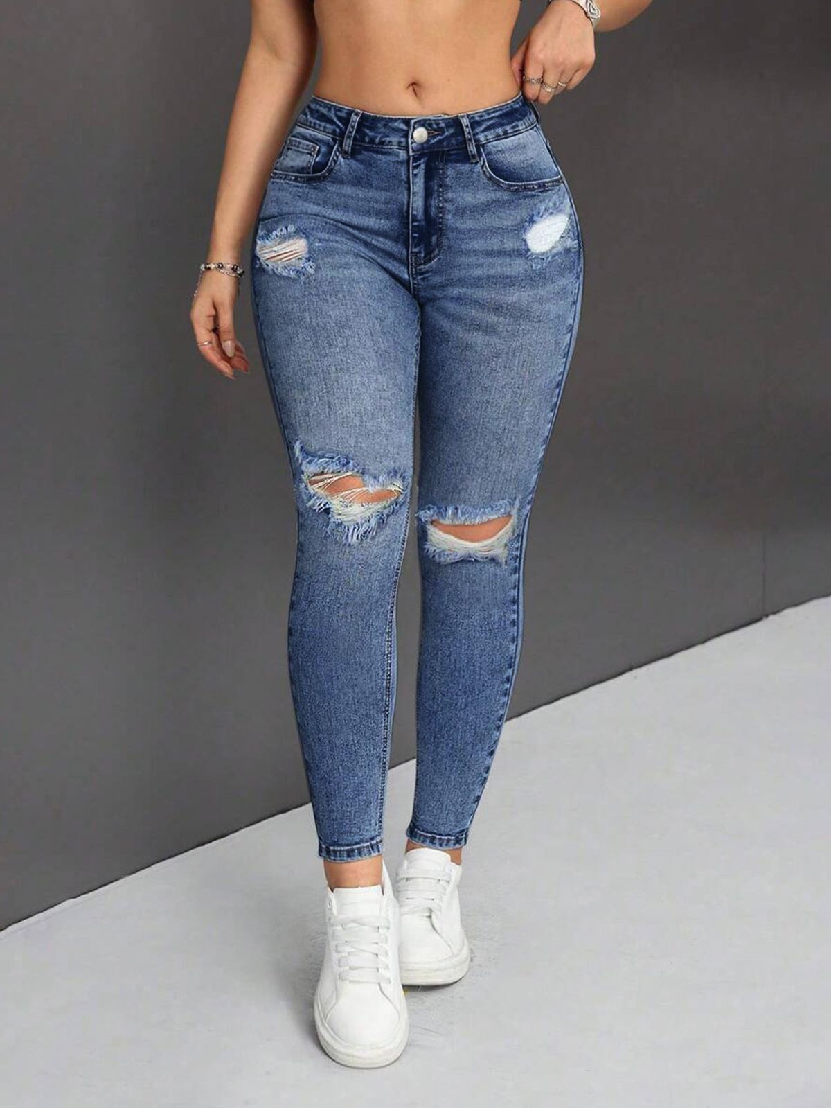 Women's High Waist Skinny Jeans – Stretch Ripped Denim Pants (75% Cotton, Slim Fit, Distressed Wash, Tummy Control, Versatile Style)_mkmklike.com