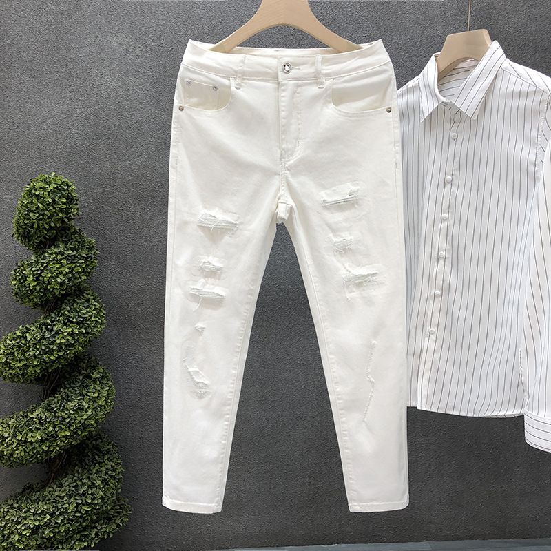 Men's Clothing White Ripped Diamond Jeans Trendy Slim Fitting Skinny Pants_mkmklike.com