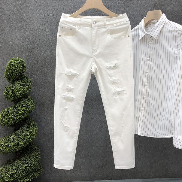 Men's Clothing White Ripped Diamond Jeans Trendy Slim Fitting Skinny Pants_mkmklike.com