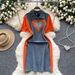 Women's Clothing Fashion Contrast Color Stitching Polo Collar Short Sleeve Denim Slim Mid Length Skirt_mkmklike.com
