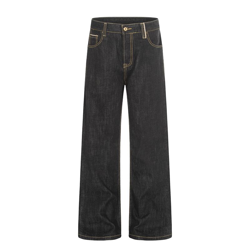 Men's Raw Denim Selvedge Straight Leg Jeans mid Waist Button Fly Casual Loose Fit Trousers for Spring Business Style_mkmklike.com