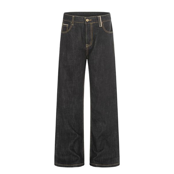 Men's Raw Denim Selvedge Straight Leg Jeans mid Waist Button Fly Casual Loose Fit Trousers for Spring Business Style_mkmklike.com