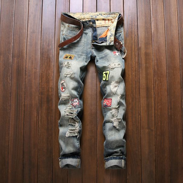 Men's Ripped Jeans Straight Leg Scratched Patch Trousers Men's European Style Trendy Trousers Foreign Trade High Quality Washed Men's Trousers_mkmklike.com