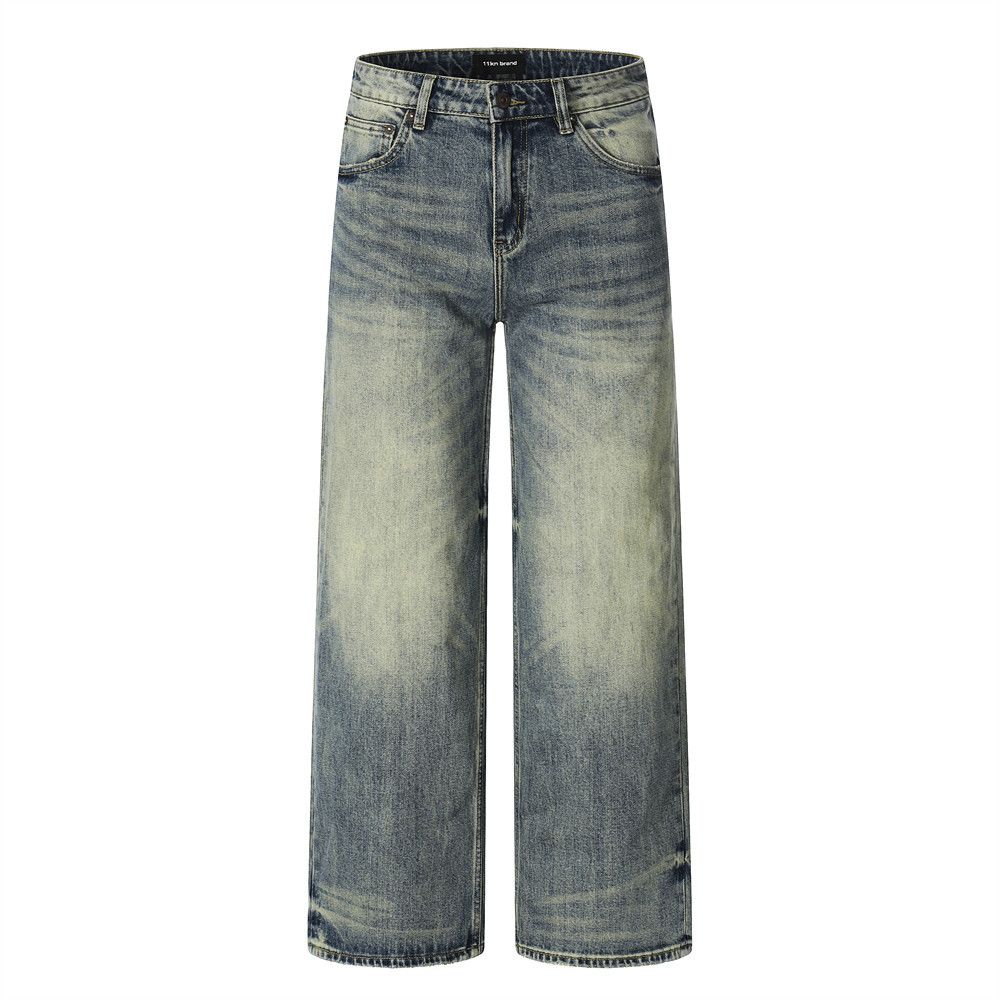 Washed And Distressed White Denim Straight Punk Street Style Men's Dad Handmade Frayed Vintage Loose Long Pants_mkmklike.com