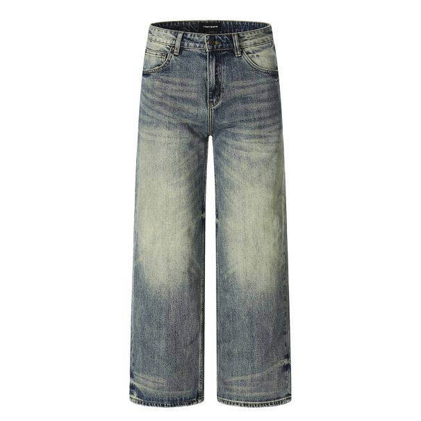 Washed And Distressed White Denim Straight Punk Street Style Men's Dad Handmade Frayed Vintage Loose Long Pants_mkmklike.com