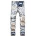 Men's Clothing Blue High Street Youth Embroidery Patch Embroidery Hole Elastic Tight Fitting Small Leg Men's Jeans_mkmklike.com