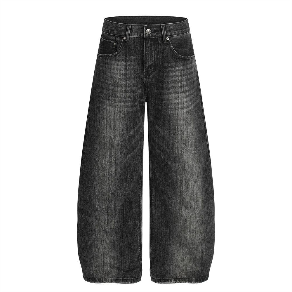 Post-Industrial Style Washed White Denim Wide-Leg Men's Punk Oversized Distressed Scimitar Pants Street Fashion_mkmklike.com