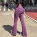 Retro Purple Washed Heart Appliqué Flared Jeans High Waisted Elastic Floor Length Pants for Women by PY1113GY_mkmklike.com