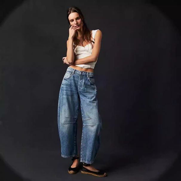 Women's Clothing Loose Wide Leg Pants Low Waist Washed Denim Trousers _mkmklike.com