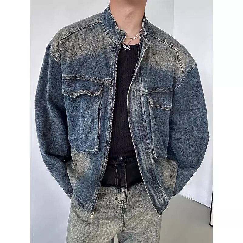 Men's Vintage Blue Denim Jacket – Oversized Pocket Zip-Up Coat With Stand Collar (S-XXXL, 60% Cotton, Relaxed Fit, Hip-Hop Streetwear Essential)_mkmklike.com
