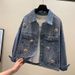 Chicco Spring Jacket For Women With Knitted Flowers, New Vintage Rhinestone Denim Jacket, Short Workwear Top_mkmklike.com