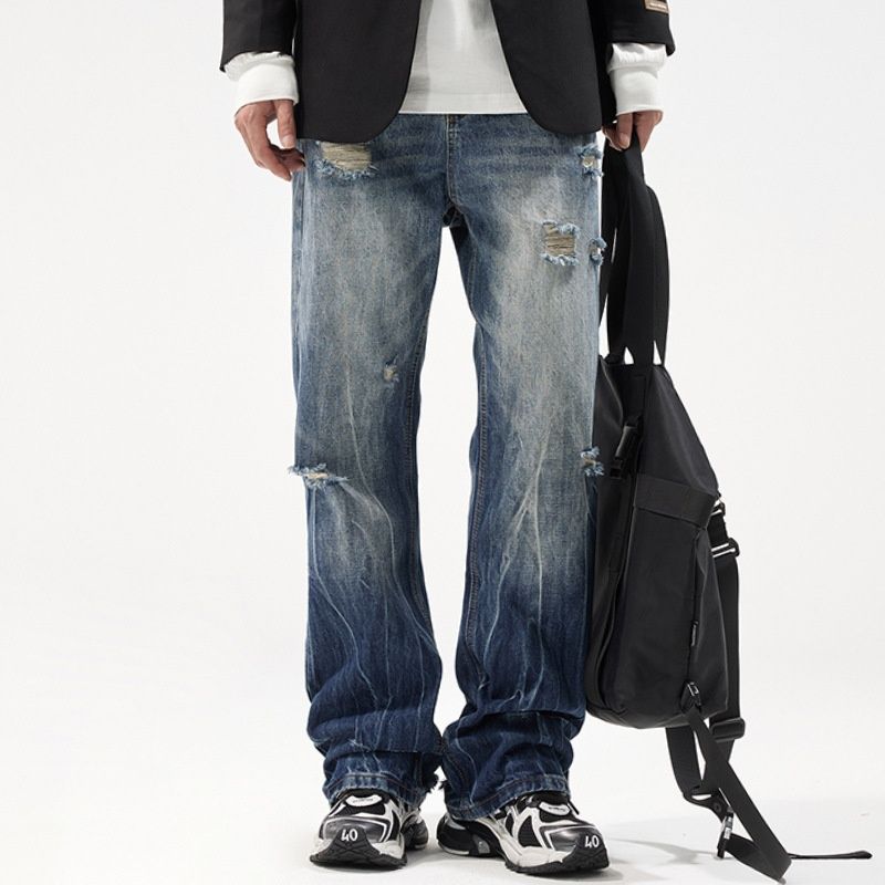Pure Muqiu Clothing | American High Street Cleanfit Distressed Washed Jeans Men's Loose Lightning Pattern Long Pants_mkmklike.com