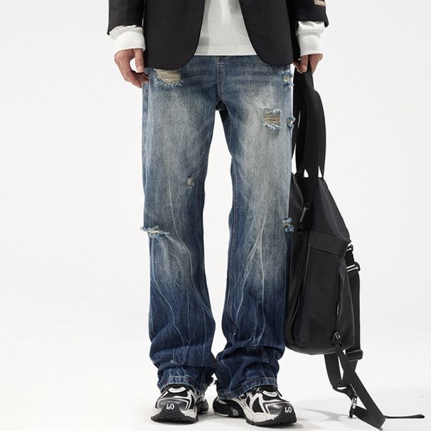Pure Muqiu Clothing | American High Street Cleanfit Distressed Washed Jeans Men's Loose Lightning Pattern Long Pants_mkmklike.com