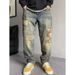 Men's Korean-Inspired Patchwork Denim Pants – Slim Tapered Jogger Jeans With Embroidery & Badge Details (28-36, Washed Blue)_mkmklike.com