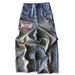 Men's Clothing Retro Street Hip Hop Frayed Stitching Double Waist Hole Rivet Loose Wide Leg Straight Jeans_mkmklike.com
