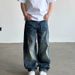 Vintage Distressed Carpenter Jeans For Men & Women - Relaxed Straight Leg Denim Pants With Raw Hem & Contrast Stitching_mkmklike.com