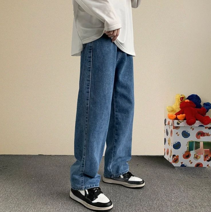 2024 Spring Streetwear Baggy Jeans Men Korean Fashion Loose Straight Wide Leg Hip-hop Pants Male Brand Clothing Black Light Blue_mkmklike.com