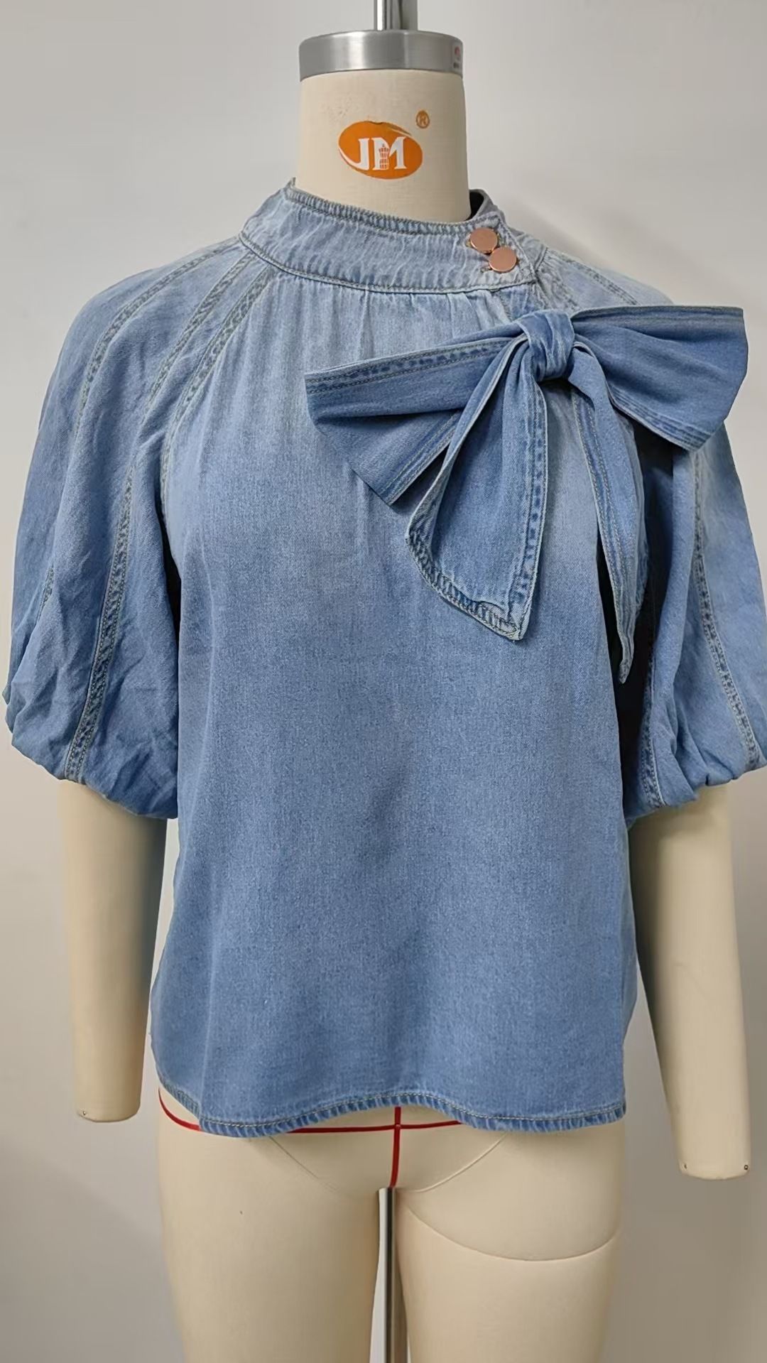 K New Retro Loose Neck Lace-up Denim Shirt; Bow-tie Top For Women_mkmklike.com