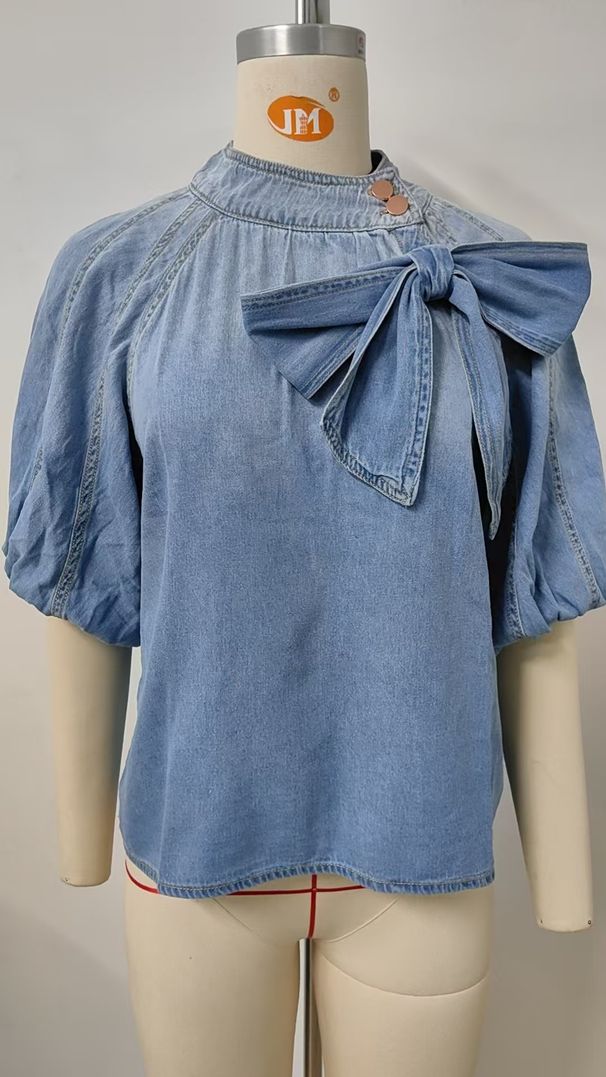 K New Retro Loose Neck Lace-up Denim Shirt; Bow-tie Top For Women_mkmklike.com