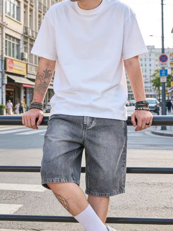 Men's American Style Casual Workwear Denim Shorts Cargo with Relaxed Fit Straight Leg Summer_mkmklike.com