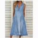 ELLE European And American Summer New Solid Color Sleeveless V-Neck Casual Denim Dress_mkmklike.com