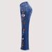 Cross-border, Vintage Dark Blue, Embroidered Jeans Women, Mid-high Waist, Extended Length, Floor-length Flared Pants For_mkmklike.com
