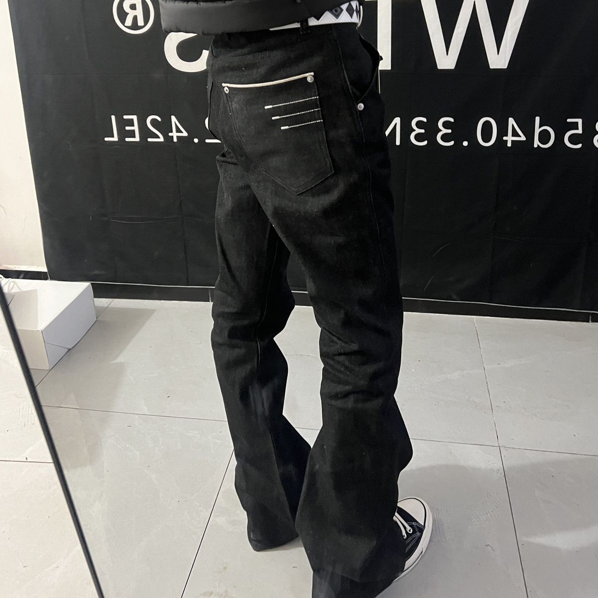 Men's Black Raw Denim Jeans Trendy Versatile Loose Fit Straight Leg American Style Slimming Slightly Flared_mkmklike.com