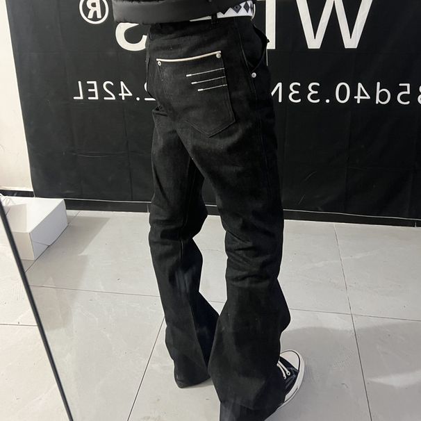Men's Black Raw Denim Jeans Trendy Versatile Loose Fit Straight Leg American Style Slimming Slightly Flared_mkmklike.com