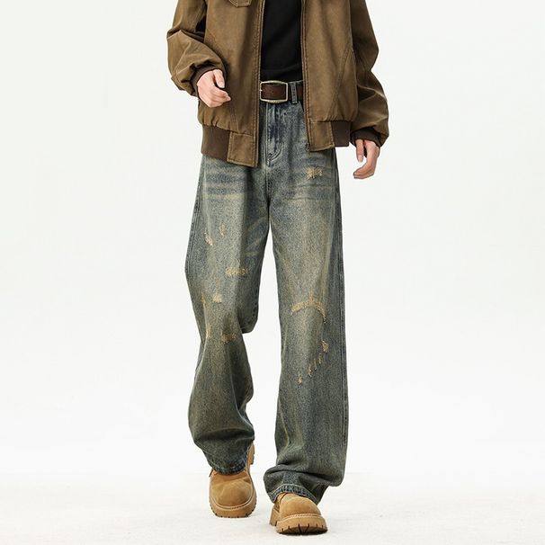 Retro And Old Washed Ripped Jeans Men's Trendy Brand Straight High Street Ruffian Handsome Loose Casual Versatile Pants_mkmklike.com