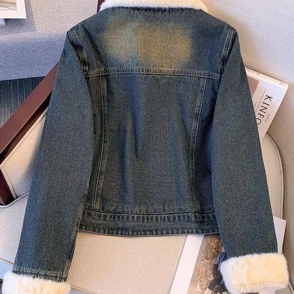 Women's Short Denim Jacket With Fleece Lining, Stylish And Warm Winter Coat For Petite Women, Trendy Casual Outerwear_mkmklike.com