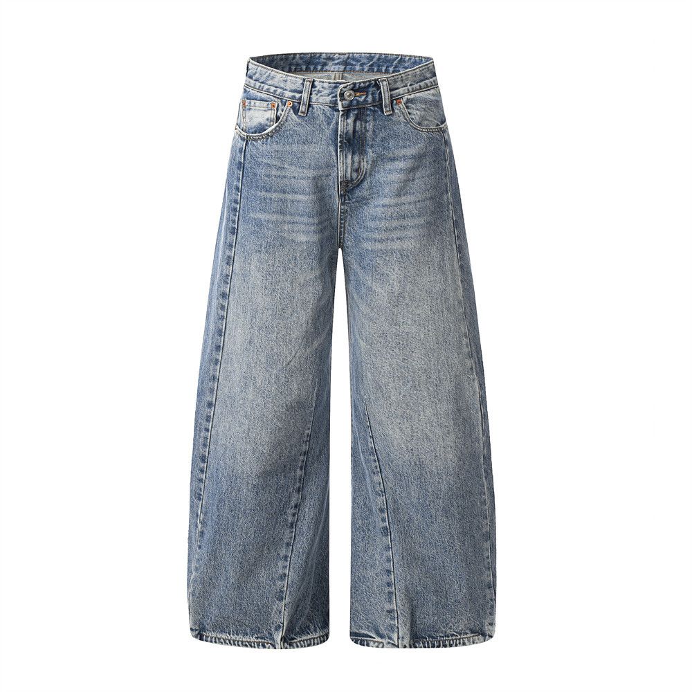 Patchwork Deconstructed Washed Scimitar Jeans Men's High Street Trendy Brand Ins Hip Hop Versatile Wide Leg Pants_mkmklike.com