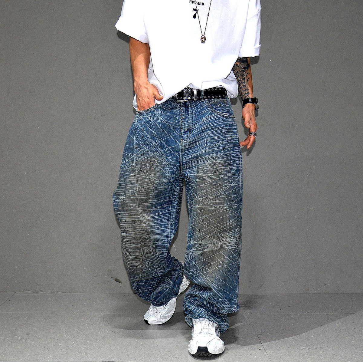 Post-Apocalyptic Washed Jeans – Distressed Oversized Straight-Leg Denim Pants For Men – Grunge Streetwear With Dirty Wash (Dark Blue, S-3xl)_mkmklike.com