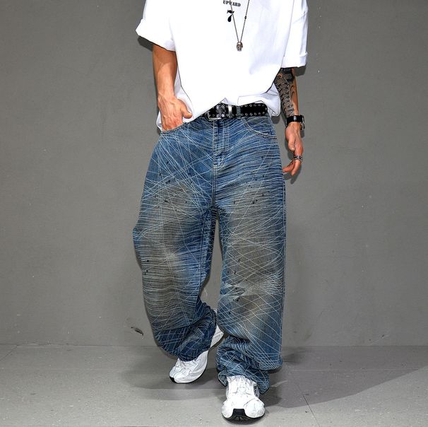 Post-Apocalyptic Washed Jeans – Distressed Oversized Straight-Leg Denim Pants For Men – Grunge Streetwear With Dirty Wash (Dark Blue, S-3xl)_mkmklike.com