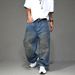 Post-Apocalyptic Washed Jeans – Distressed Oversized Straight-Leg Denim Pants For Men – Grunge Streetwear With Dirty Wash (Dark Blue, S-3xl)_mkmklike.com