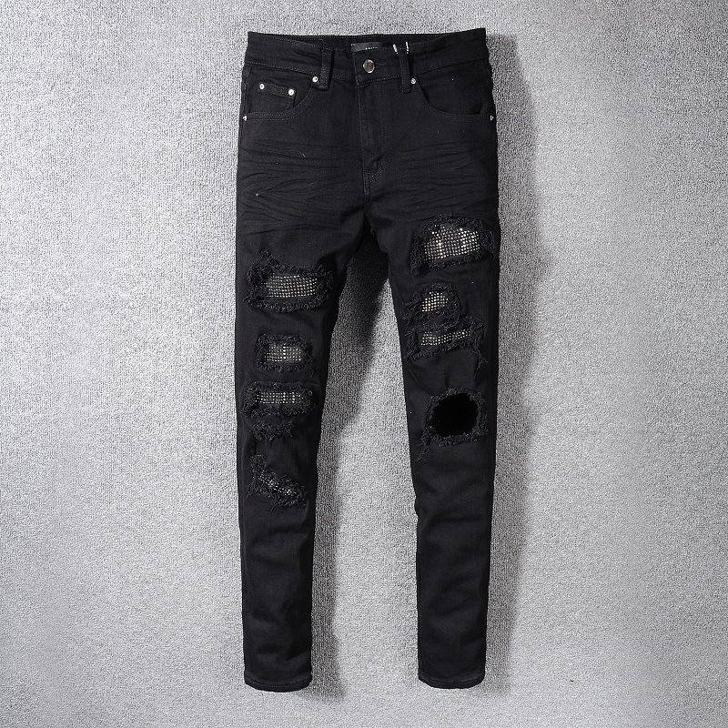 Men's Clothing Fashion Brand Fashion Black Ripped Jeans For Men Young Men Diamond Studded Elastic Slim Fitting Skinny Pants Trend_mkmklike.com