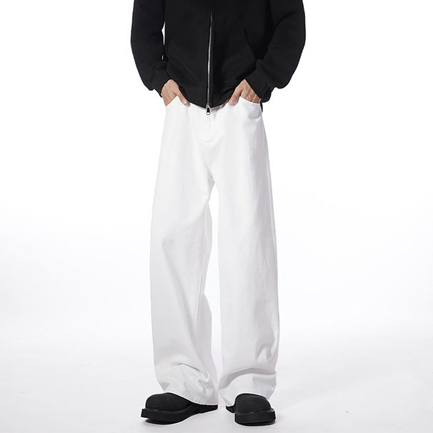 American-style Cleanfit White Curved Hem Jeans For Men, Trendy New High Street Style, Loose Straight Wide-leg Trousers_mkmklike.com